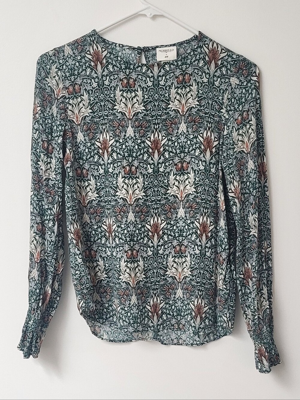 H&M Green & Cream Floral Print Long-Sleeve Blouse